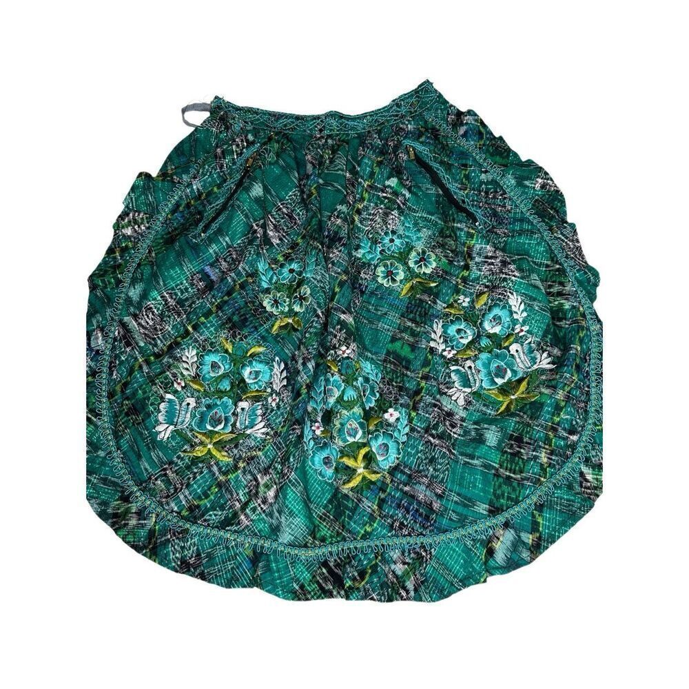 Green Handmade Ruffle Embroidered Floral Waist Apron 31"